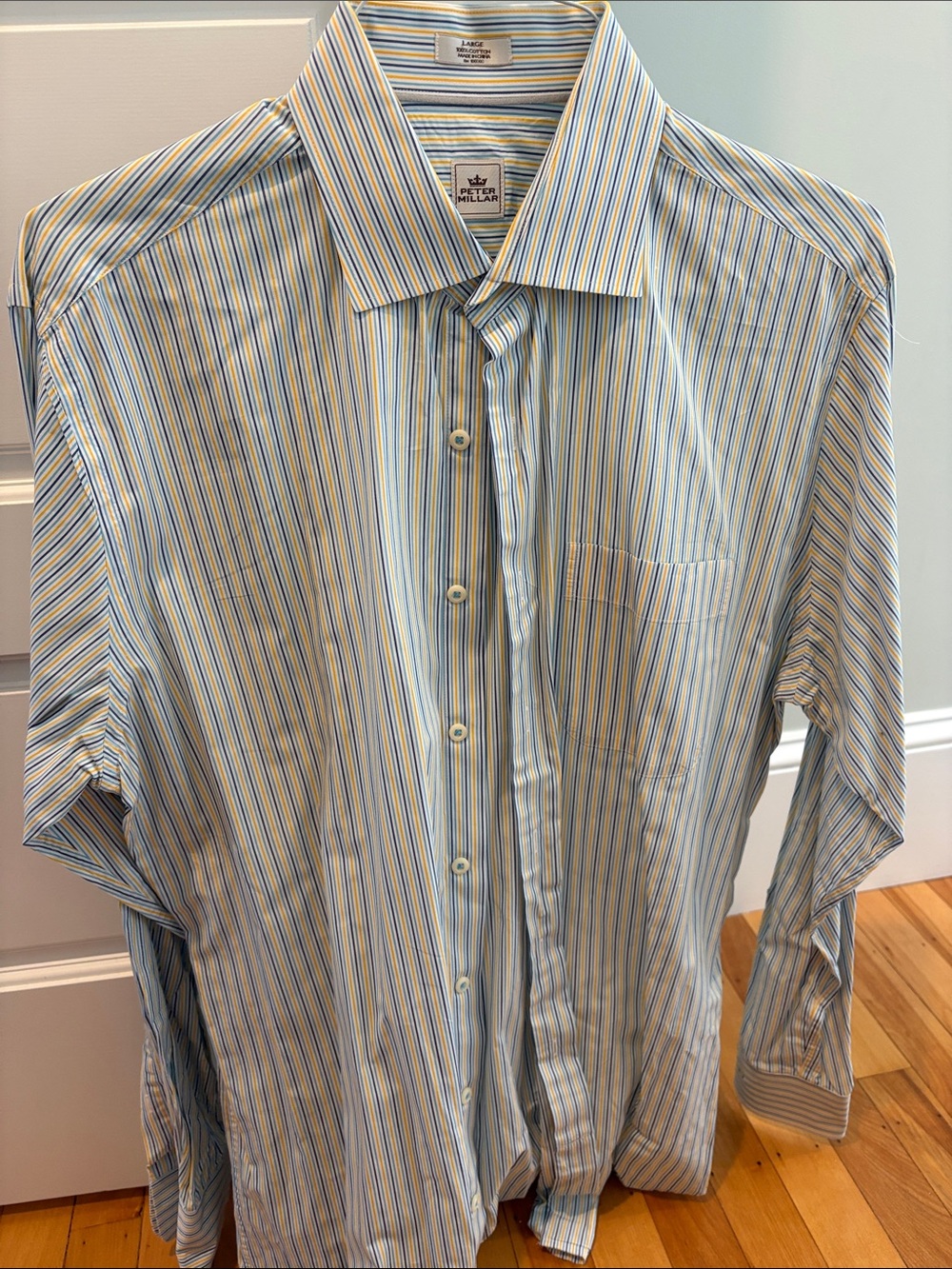 Peter Millar Striped Dress Shirt in Blue and Yellow